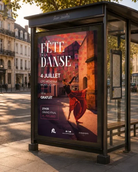 Affiche « Fête de la danse » en abribus, graphisme Boréalis Communication