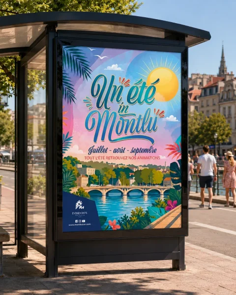 Affiche « Un été in Montlu » en abribus, graphisme Boréalis Communication
